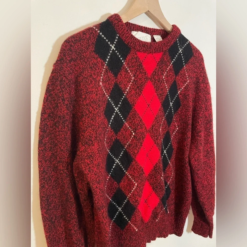 Vintage New Accents Argyle Wool Blend Crewneck Red Sweater Mens Size Large